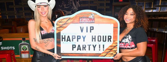 image of two women holding a sign that reads VIP HAPPY HOUR PARTY!!
