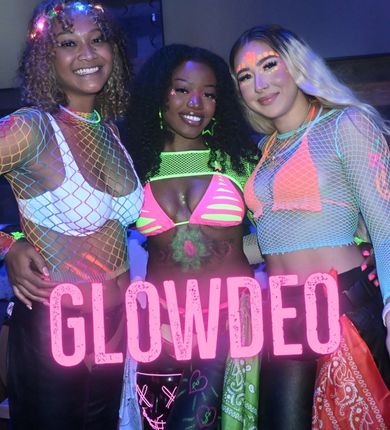 image of three girls in glow gear at pbr louisiana with text that reads GLOWDEO at pbr louisiana november 14