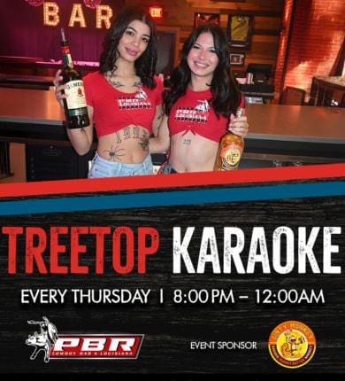 image of two girls in PBR shirts and denim shorts holding dirty monkey whiskey bottles. text reads "Treetop Karaoke" every thursday 8-12
