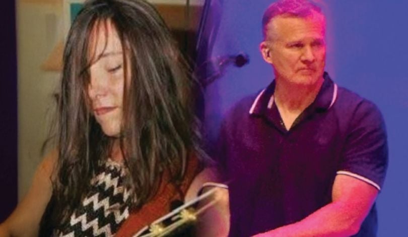 collage image of a woman holding a guitar on the left and a man playing the keyboard on the right