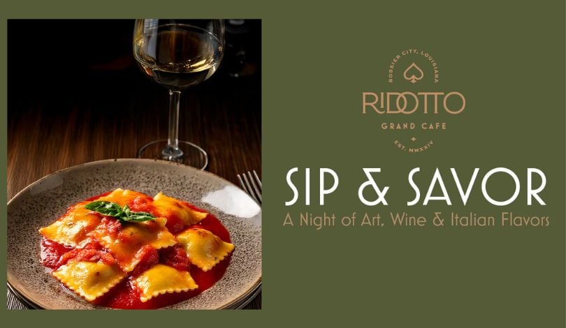 image of ravioli on a green background graphic with text that reads Sip and Savor