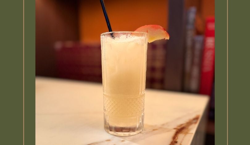 image of a cocktail in a tall glass with an orange garnish