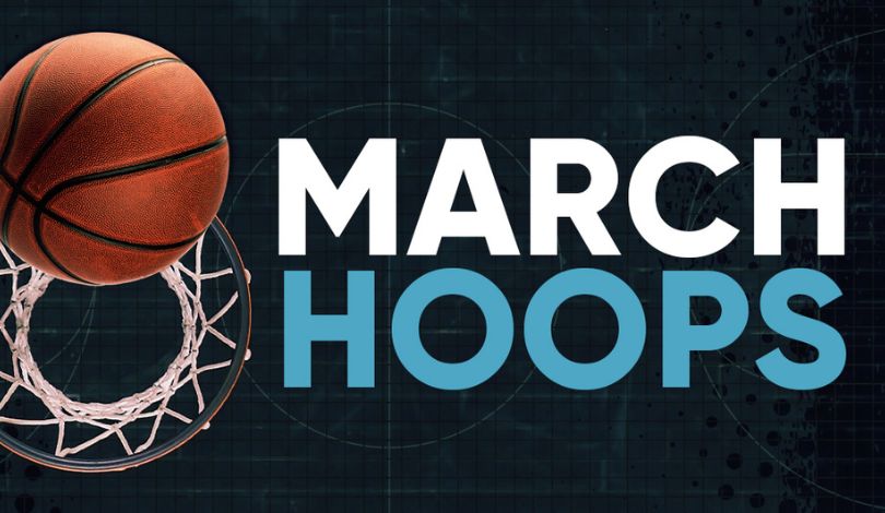 image of a blue background with a basketball hoop and text that reads MARCH HOOPS