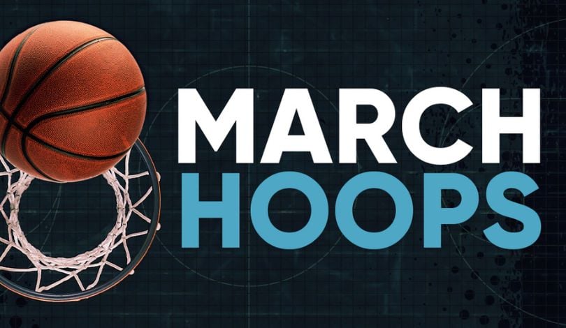 image of a blue background with a basketball hoop and text that reads MARCH HOOPS