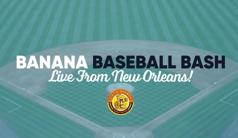 image of a baseball field with text that reads banana baseball bash live from new orleans with the dirty monkey whiskey logo