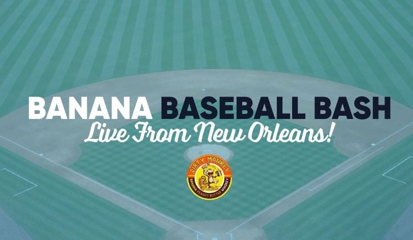 image of a baseball field with text that reads banana baseball bash live from new orleans with the dirty monkey whiskey logo