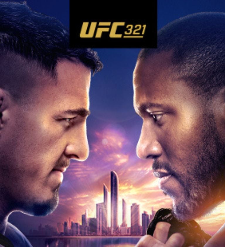 image of two men facing off to promote the welterweight title of UFC 321. watch party at sports & social louisiana