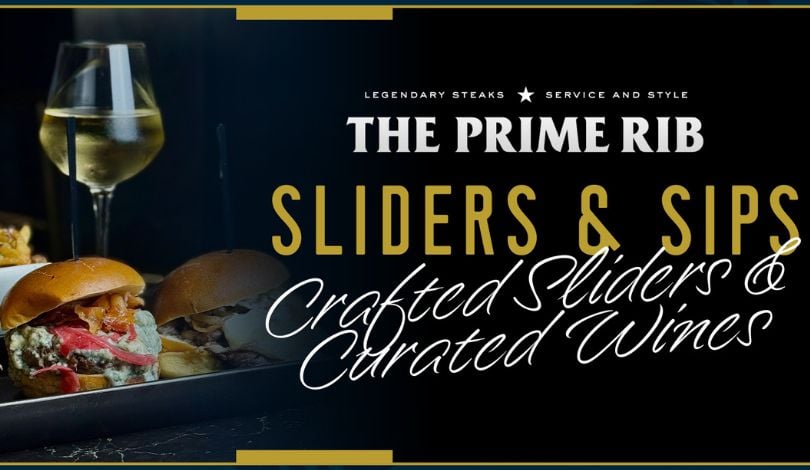 image of three sliders, a glass of white wine, and a plate of fries
