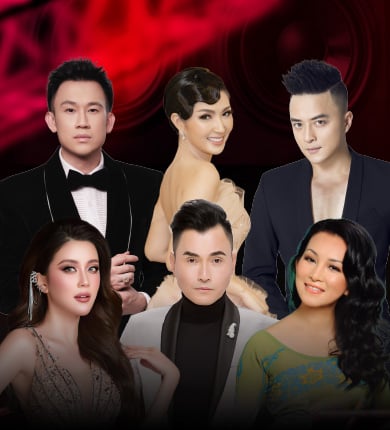 3 Vietnamese women and 3 Vietnamese men in formal wear with a black and red background