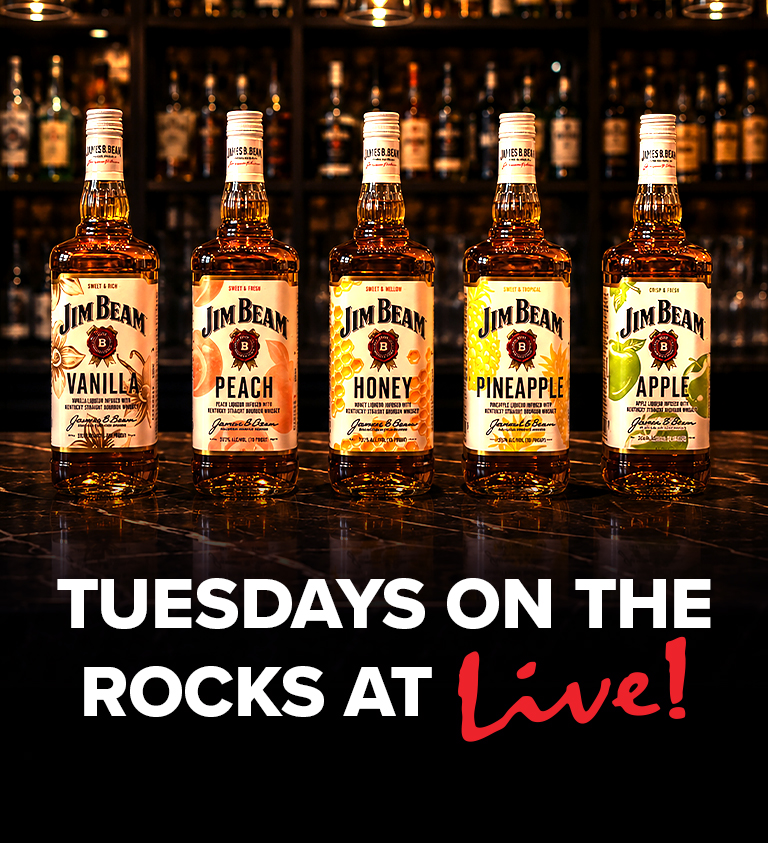 Tuesday on the Rocks, 5 different types of alcohol bottles sitting on a bar counter