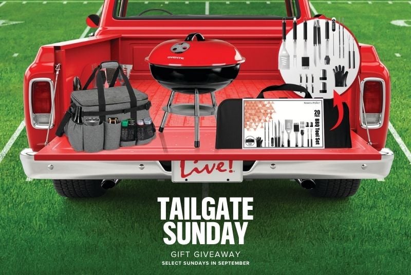 Tailgate Sunday Gift Giveaway, red pickup truck with an assortment of grilling related gifts in the truck bed.