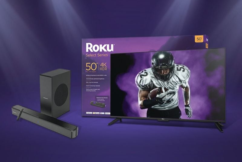 $30K Thursday Night Touchdown Drawing, Roku TV and sound bar on a purple background