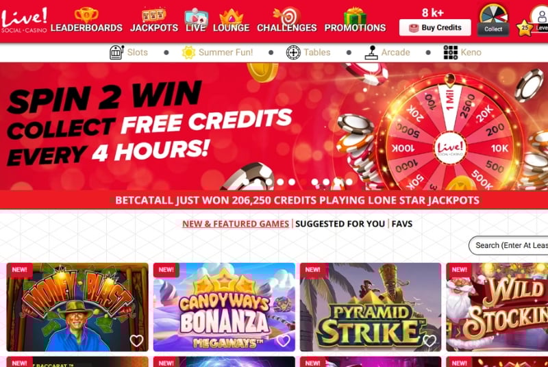Screenshot of the homepage of Live! Social Casino online