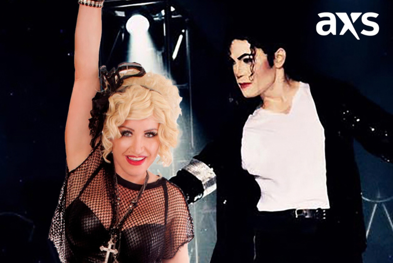 Image of a women dancing with her hand up and a Michael Jackson impersonator standing beside her
