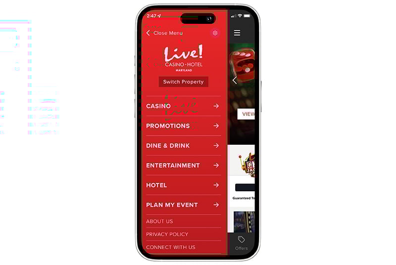 Image of an iPhone with the Live! Rewards Mobile App displayed on it
