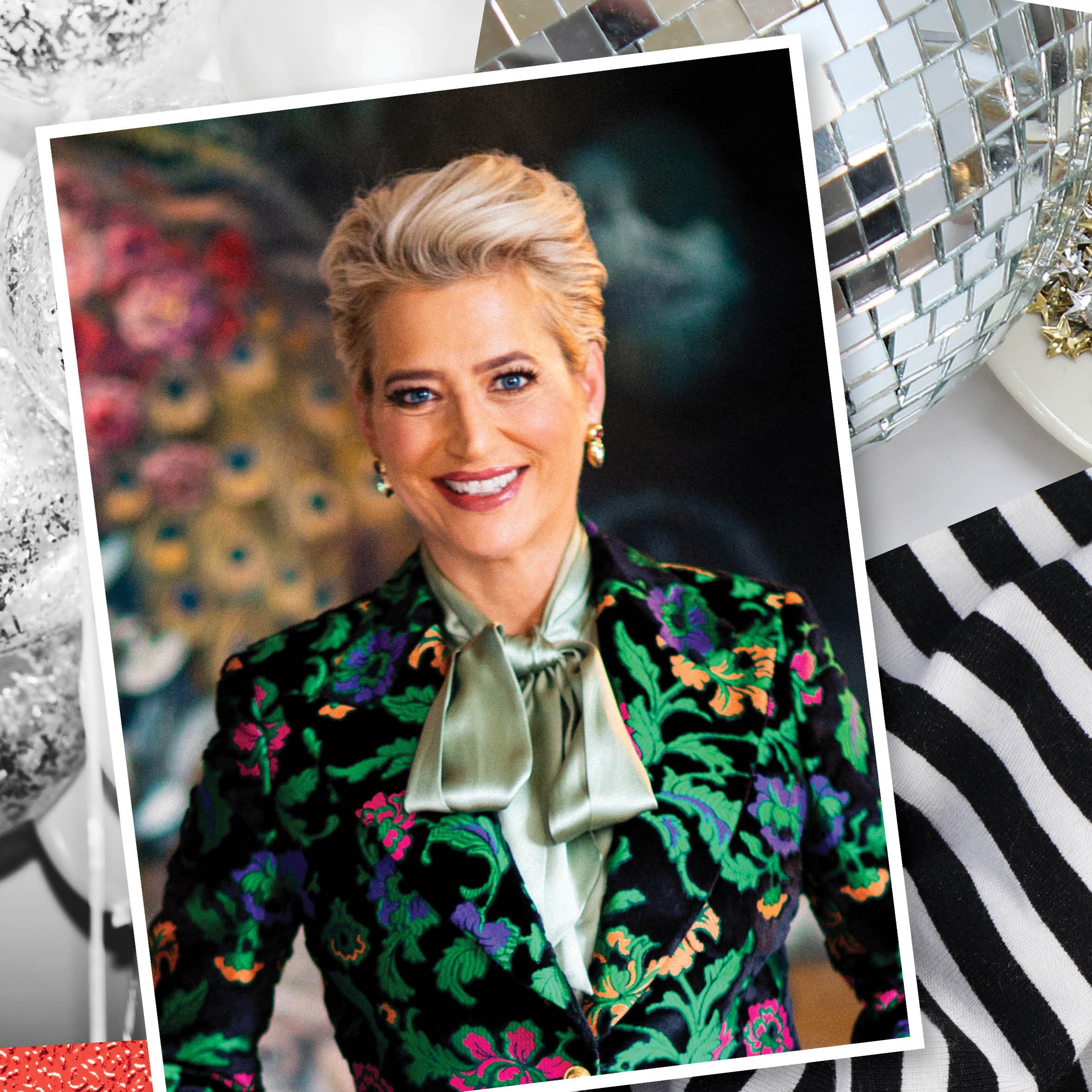 Portrait of Dorinda framed in a photo collage, wearing a green floral blouse.