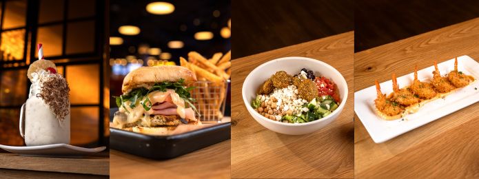pina colada milkshake, chicken cordon bleu sandwich, spicy shrimp, falafel salad