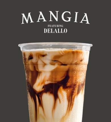 cream soda on a grey background with mangia logo in white  above