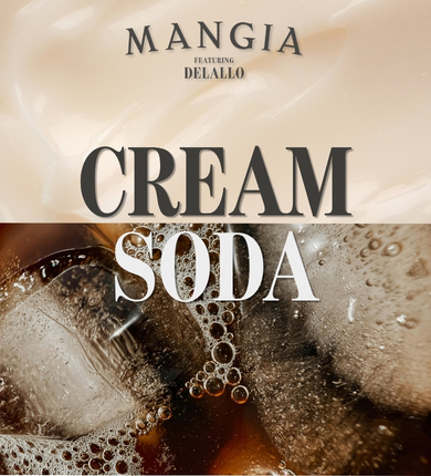 cream soda on a grey background with mangia logo in white  above