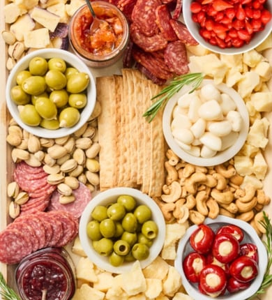 charcuterie spread on a wooden table