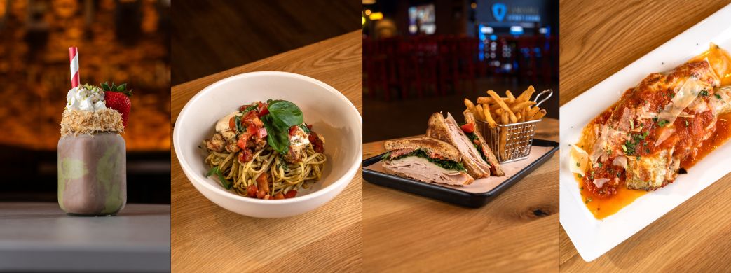 strawberry milk shake, chicken bruschetta pasta, turkey sandwich, and stuffed banana peppers