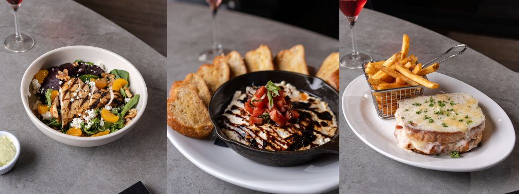 Salad, sandwich, goat cheese dip