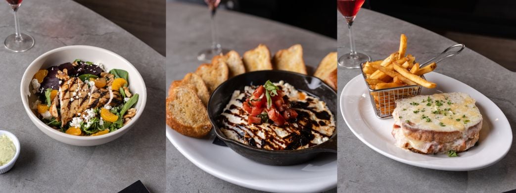 Salad, sandwich, goat cheese dip