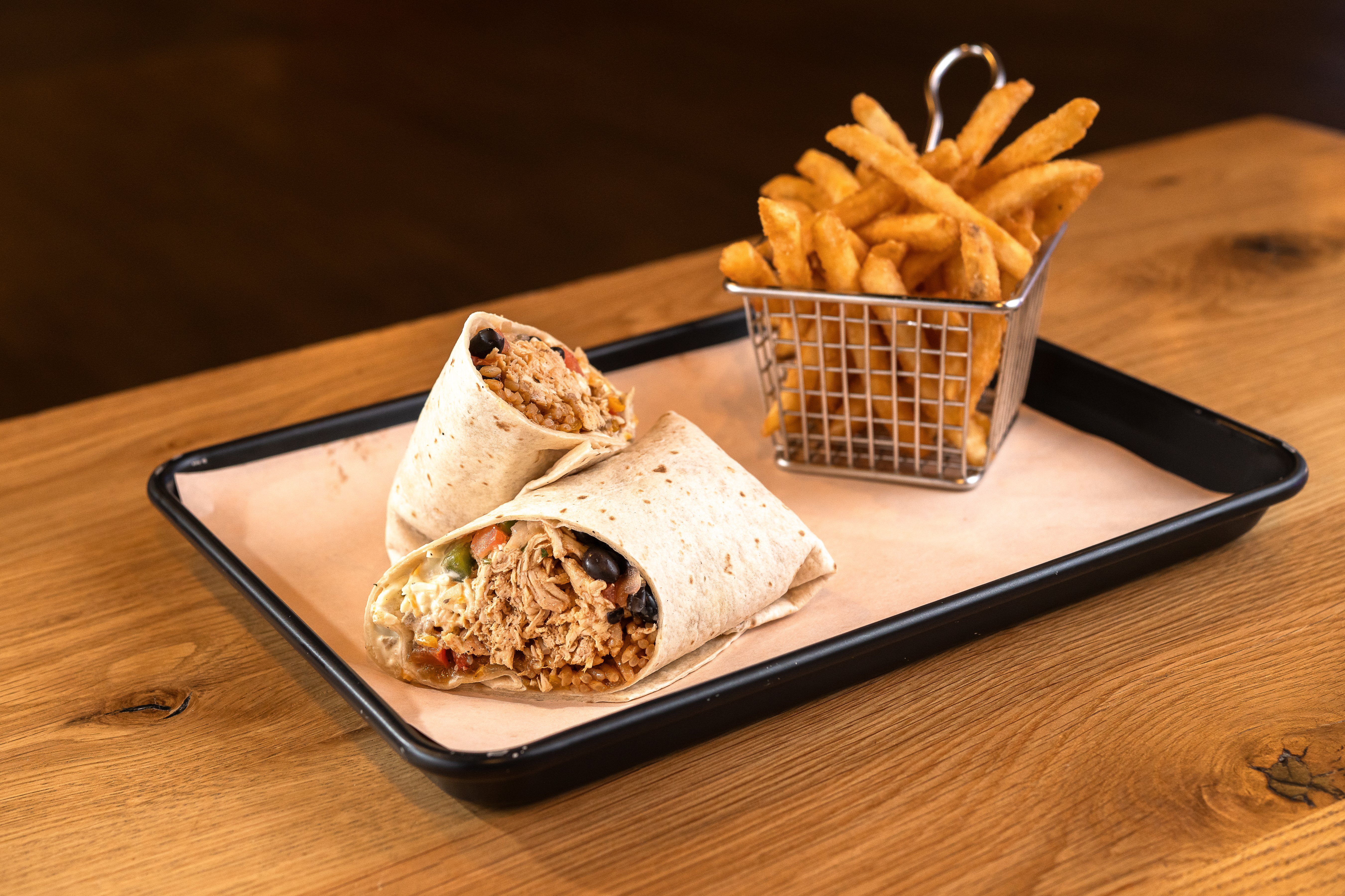 Chicken fajita wrap and fries