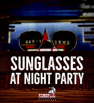 pbr bar with sunglasses on the edge with text reading sunglasses at night party and a pbr pittsburgh logo beneath it