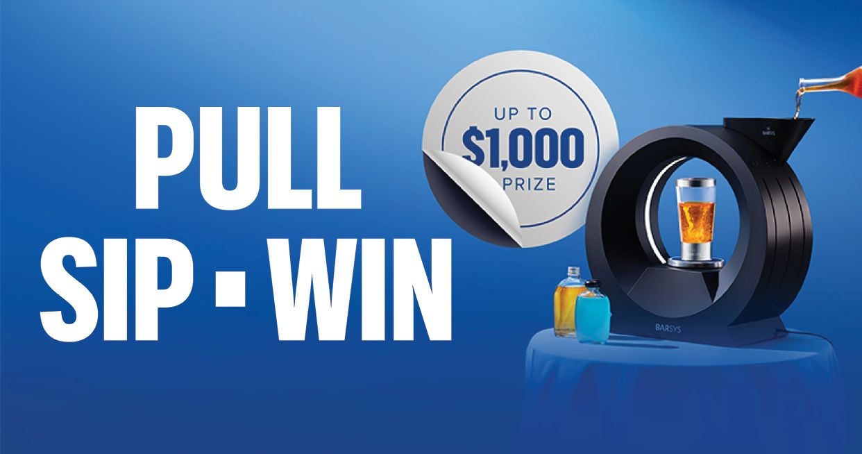 blue background with white text reading pull sip win, with drinks and pull tabs in the foreground