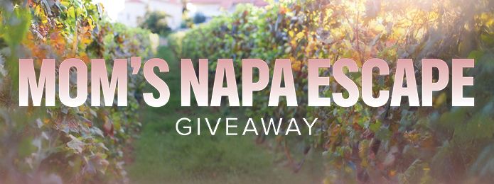 Moms napa escape text overlaid on a vineyard scene