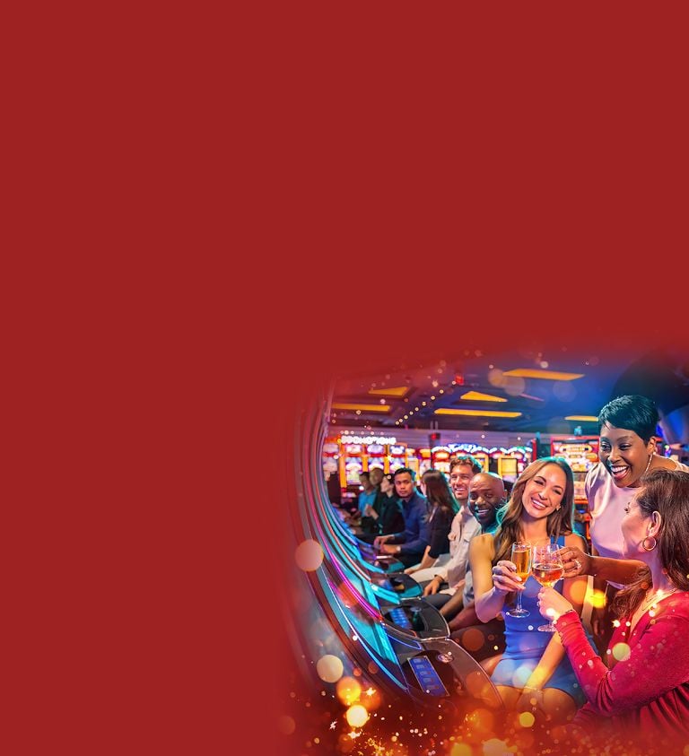 red background with image of casino guests happily playing slots