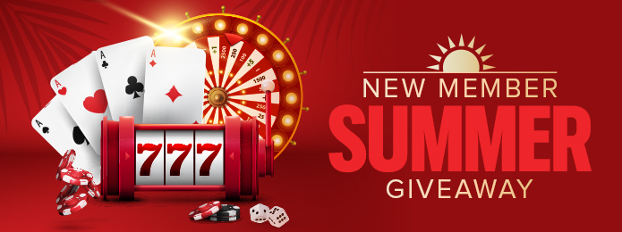 red background with roulette slots and playing cards, and text reading new member summer giveaway