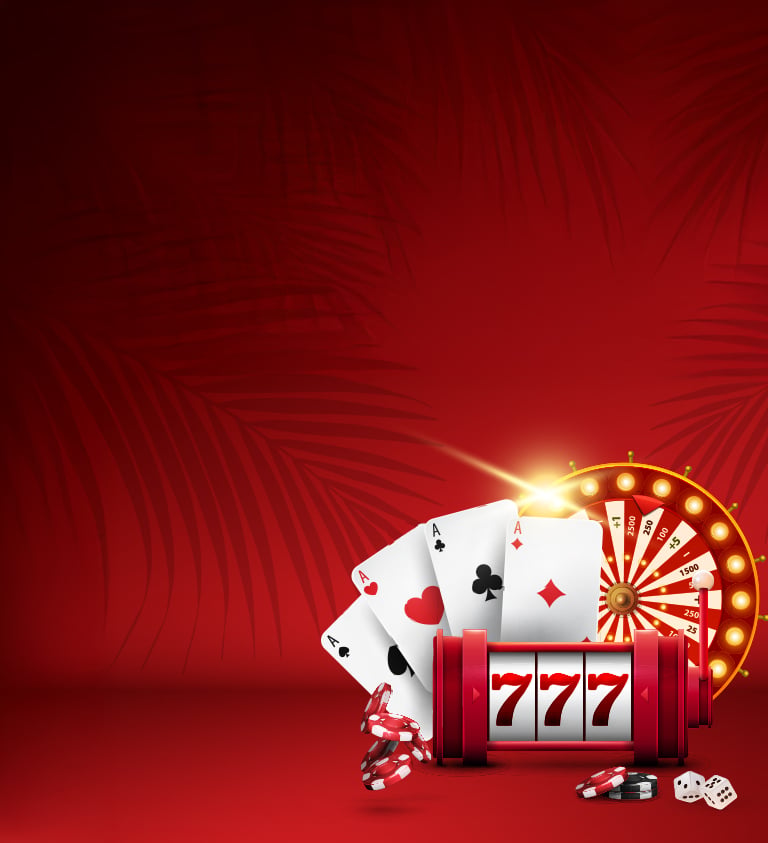 red background with playing cards, slot reel, and roulette wheel