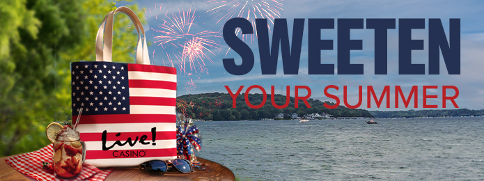 american flag tote bag with a lake view in the background and blue and red text that reads sweeten your summer