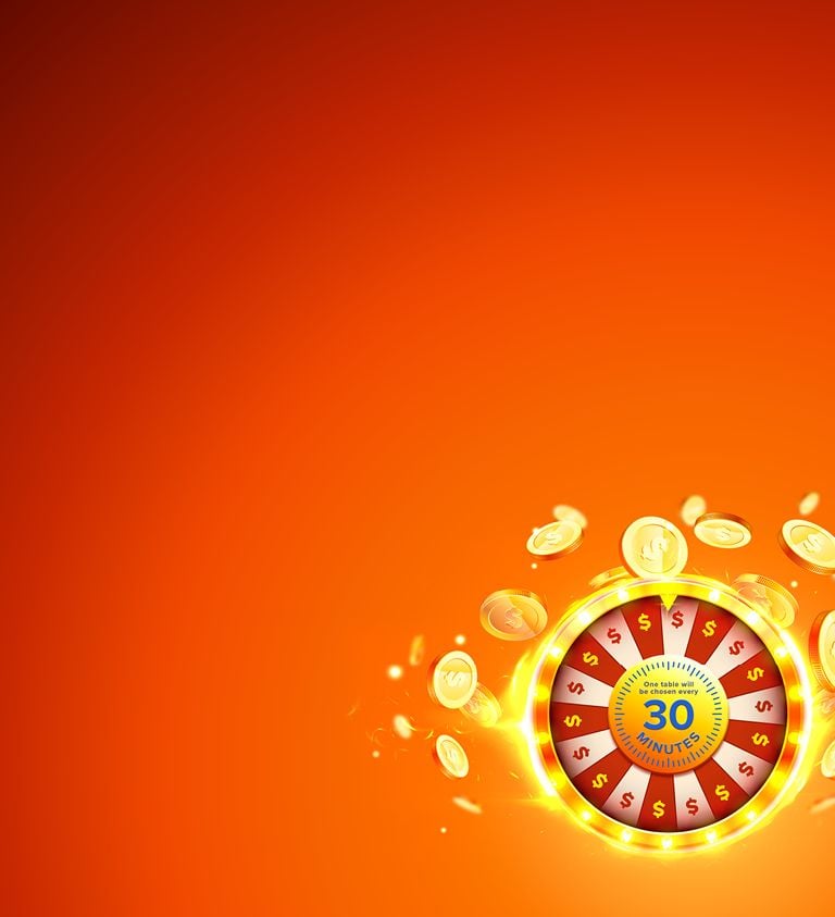 orange background with gold coins and a spinning slot wheel