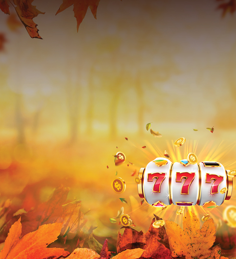 gold background with fall leaves, gold coins, and a slot wheel