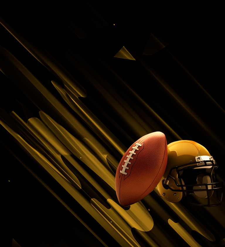 black and gold background with a football and football helmet in foreground