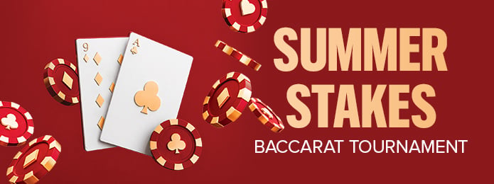 red background with playing cards and gaming chips and the gold text reading summer stakes baccarat tournament
