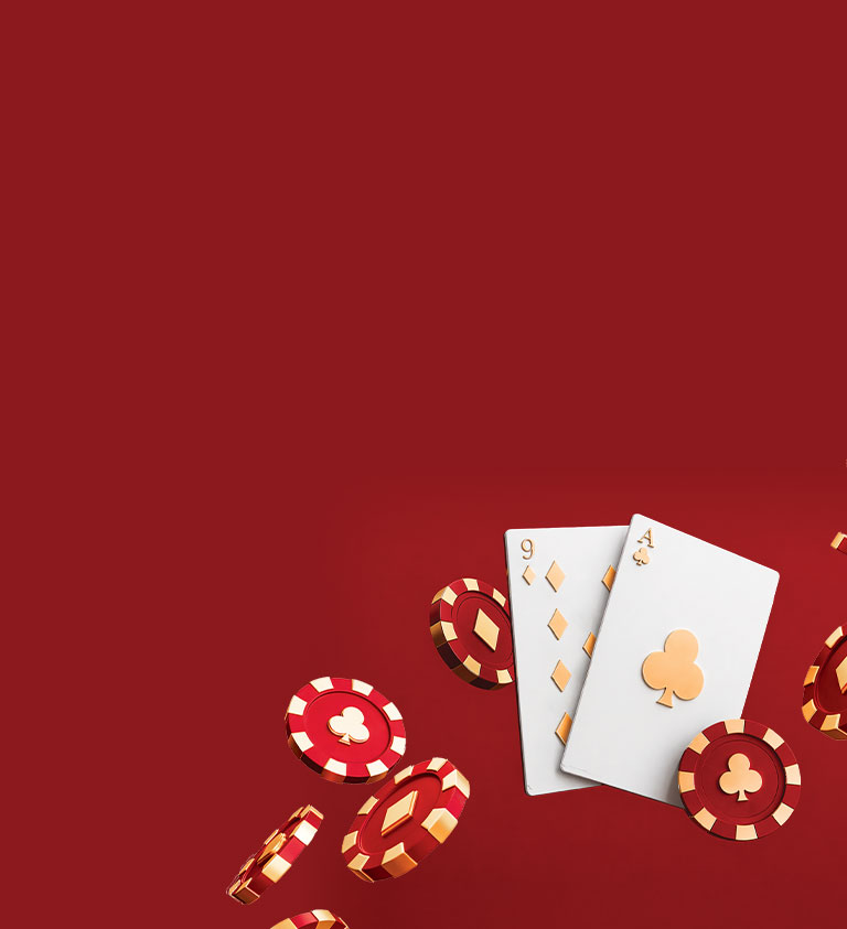 red background with playing cards and gaming chips scattered in the corner