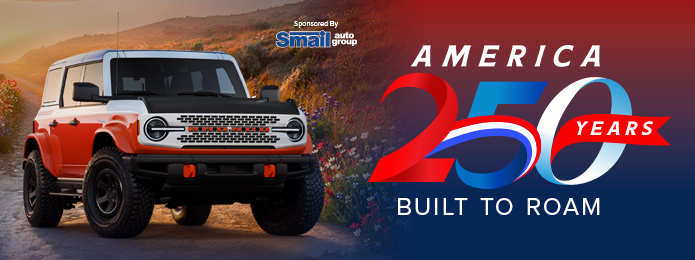 red white and blue background with a ford bronco in the foreground on the right 