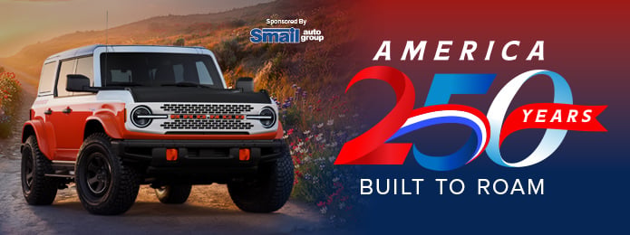 red white and blue background with a ford bronco in the foreground on the right