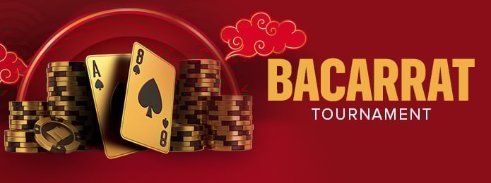 baccarat text and playing cards on red background