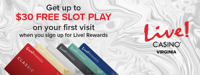 Image of a fan of Live! Rewards player cards with a $30 Enrollment Bonus offer