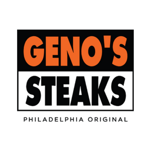 Geno's Steaks Philadelphia Original orange and black text against black and white background.