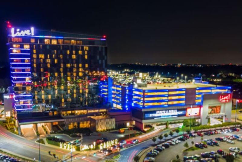 At night, beautiful blue lights illuminate each floor of the hotel and parking garage at Live!'s Maryland casino.