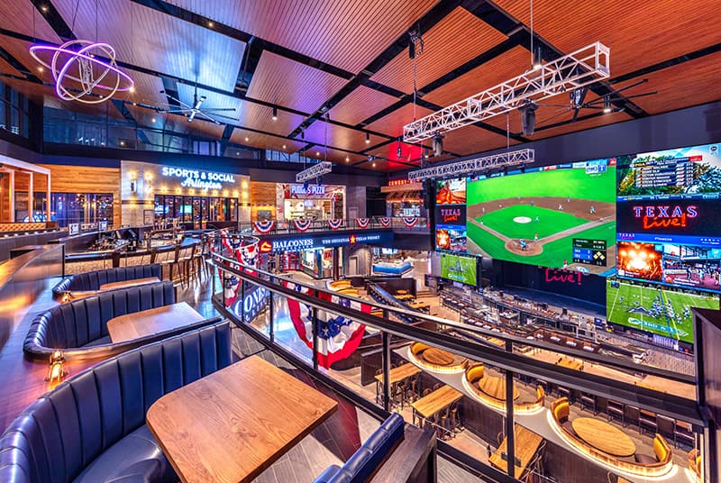 Comfy booths along the balcony offer a perfect view as Ranger and Cowboy games play on big LED screens inside Texas Live!