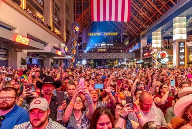 View from the stage of an excited concert crowd at Fourth Street Live!