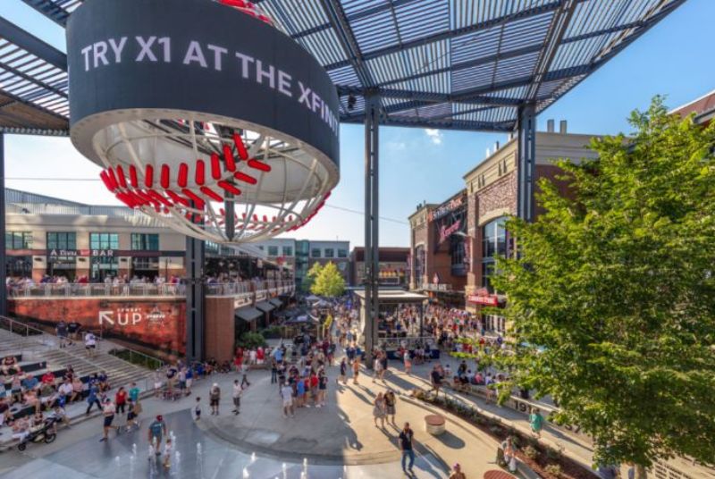 An aerial view of Live at the Battery, where a giant LED screen-wrapped baseball greets fans coming to cheer the Braves on!