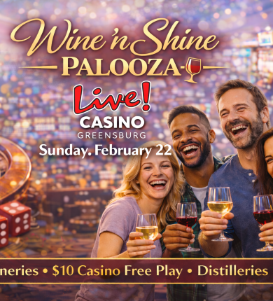 wine event image with wine palooza logo and happy gamers with wine on a casino floor